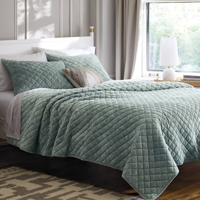 King Luxe Diamond Stitch Velvet Quilt Light Teal Green - Threshold: OEKO-TEX Certified, Machine Washable, Year-Round Comfort