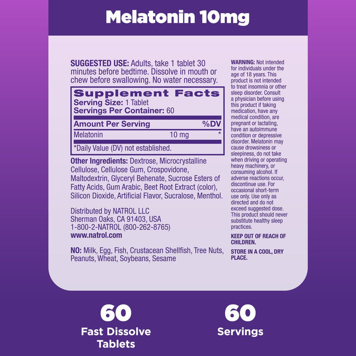 Natrol Melatonin 10mg Maximum Strength Fast Dissolve Sleep Aid Tablets - Strawberry - 60ct