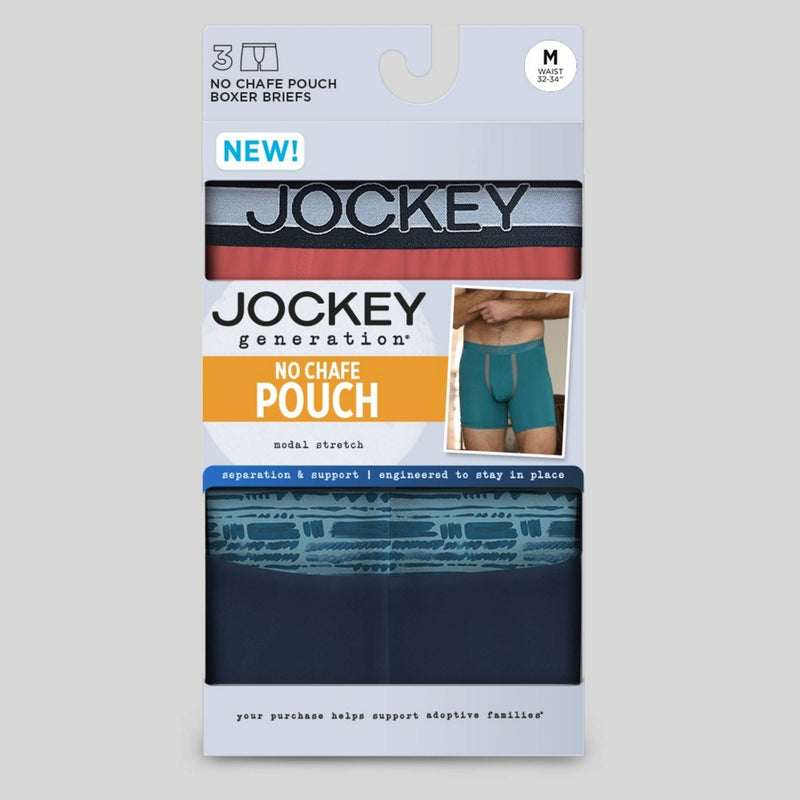 Jockey Generation Men's No Chafe Pouch Ultra Soft Stretch Boxer Briefs 3pk - Navy Blue/Aqua Blue/Coral Pink M