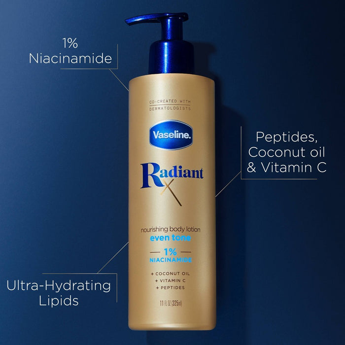 Vaseline Radiant X Even Tone Body Lotion with Niacinamide and Peptides, 11 oz