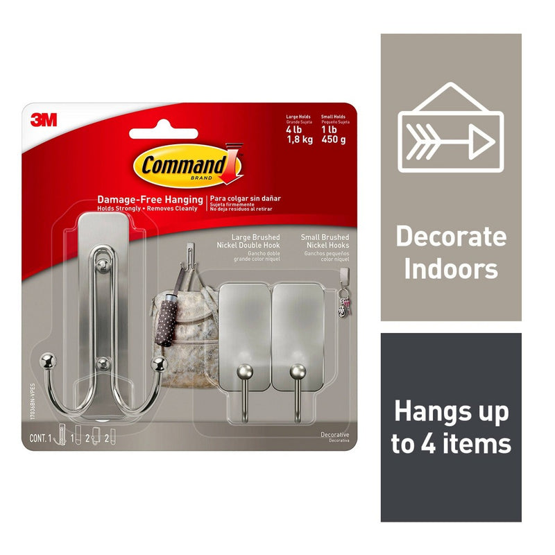 Command Large and Small Decorative Hooks Brushed Nickel