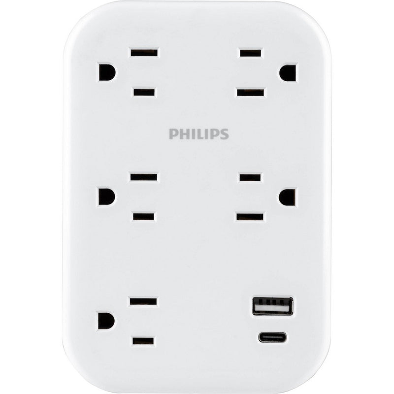 Philips 5-Outlet Surge Tap with USB-A USB-C 900 Joules White Adapter