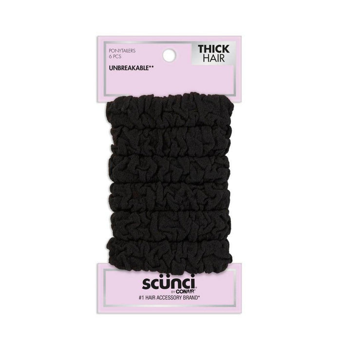scunci Unbreakable Ruched Comfy Hair Elastics - Black - Thick Hair - 6pk