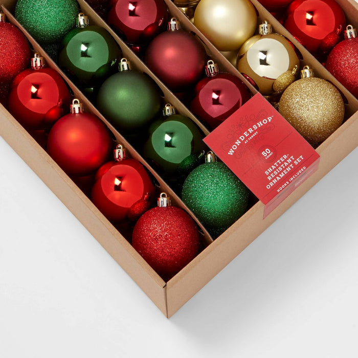 50ct Shatter-Resistant Round Christmas Tree Ornament Set Red/Gold/Green - Wondershop