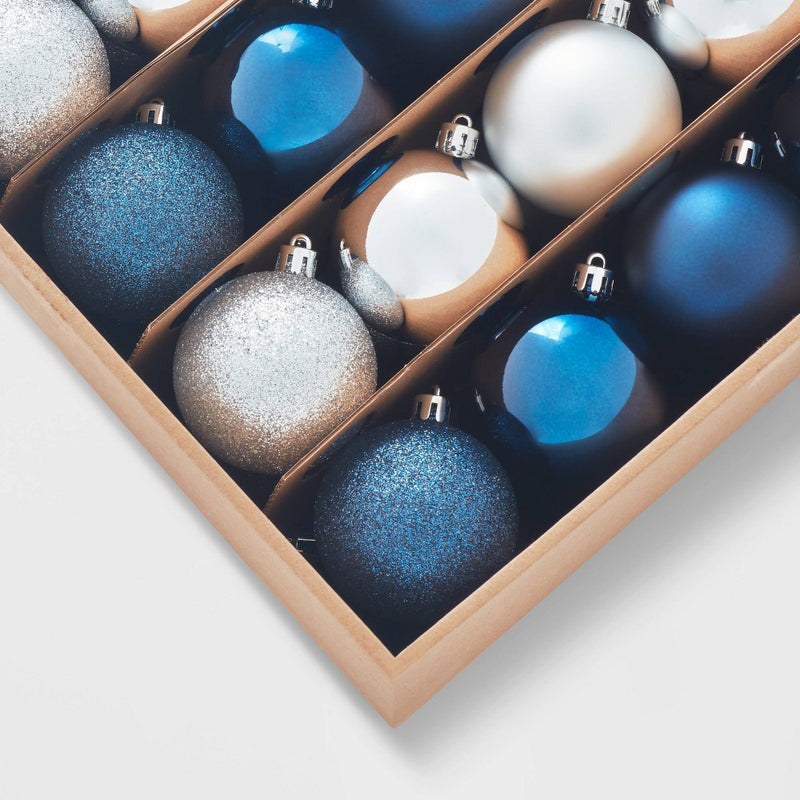 50ct Shatter-Resistant Round Christmas Tree Ornament Set Navy/Silver - Wondershop