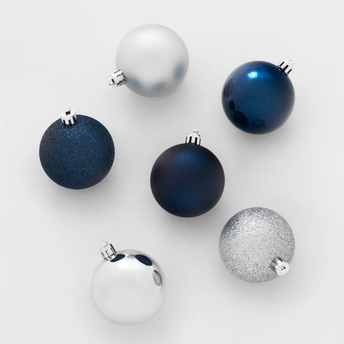 50ct Shatter-Resistant Round Christmas Tree Ornament Set Navy/Silver - Wondershop