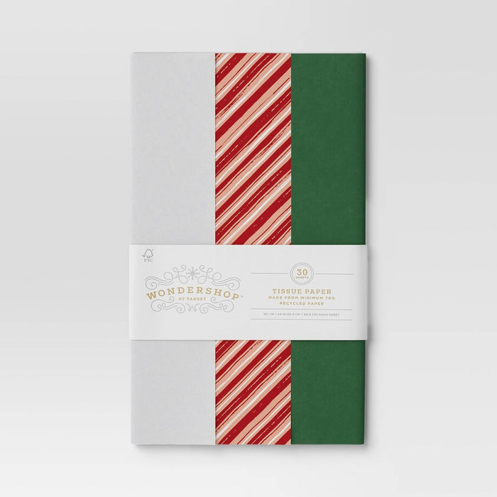 30ct Banded Christmas Gift Tissue Paper White/Striped/Green - Wondershop