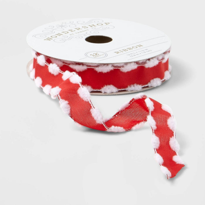 3/4" Satin Fabric Ribbon with Pom Edge Red/White 12ft - Wondershop