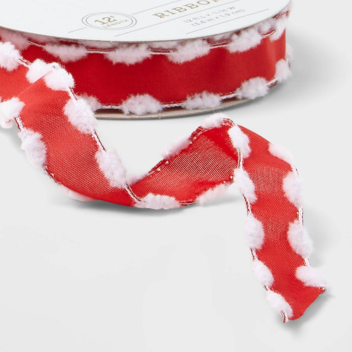 3/4" Satin Fabric Ribbon with Pom Edge Red/White 12ft - Wondershop