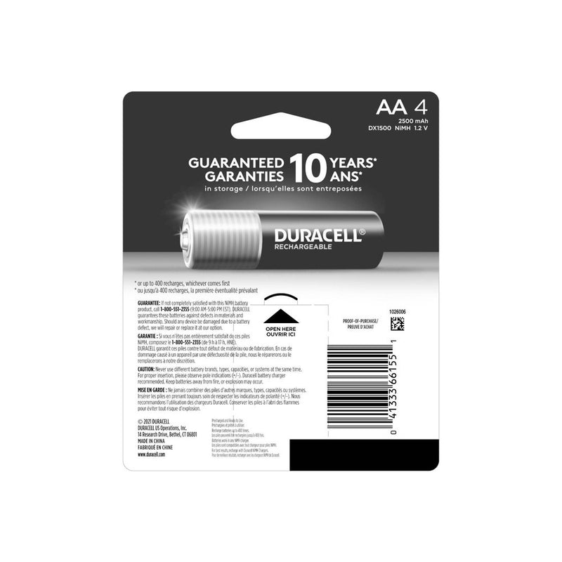 Duracell Rechargeable AA Batteries - 4 Pack - Compatible with NiMH Battery Chargers