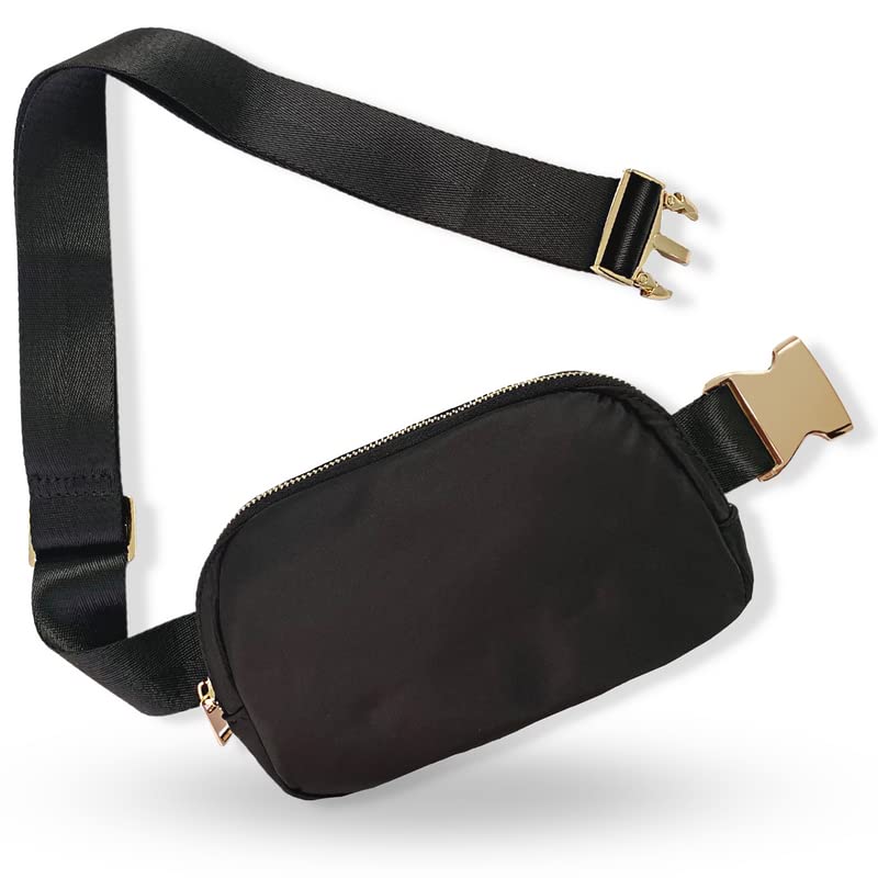 Boutique Belt Bag | Crossbody Bag Fanny Pack For Women Fashionable | Cute Mini Everywhere Bum Hip Waist Pack | Small Fashion Travel Chest Bag | Gold Accessories | Adjustable Extended Strap | Black