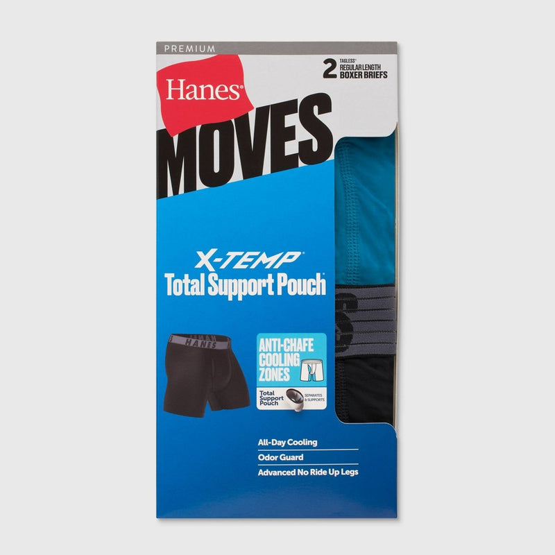 Hanes Moves Premium Men's Anti-Chafe Total Support Pouch X-Temp Boxer Briefs 2pk - Black/Blue M