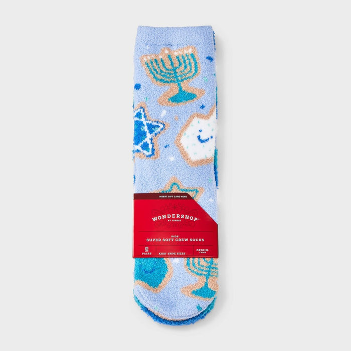 Kids' 2pk Hanukkah Cookies Cozy Christmas Crew Socks with Gift Card Holder - Wondershop Light Blue Light Blue M/L