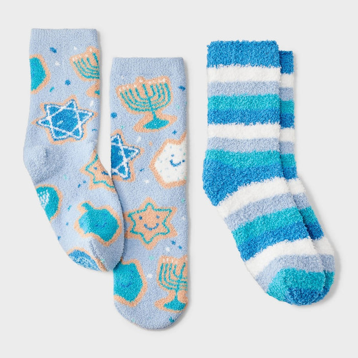Kids' 2pk Hanukkah Cookies Cozy Christmas Crew Socks with Gift Card Holder - Wondershop Light Blue Light Blue M/L