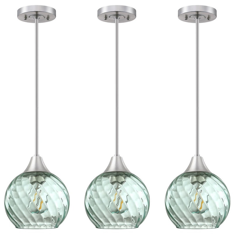 3 Pack 1 Light Hanging Indoor Kitchen Island Pendant Light 6.3" Clear Stripe Green Glass Pendant Ceiling Light Fixtures Brushed Nickel Finish,Modern Farmhouse Dinning Over Sink