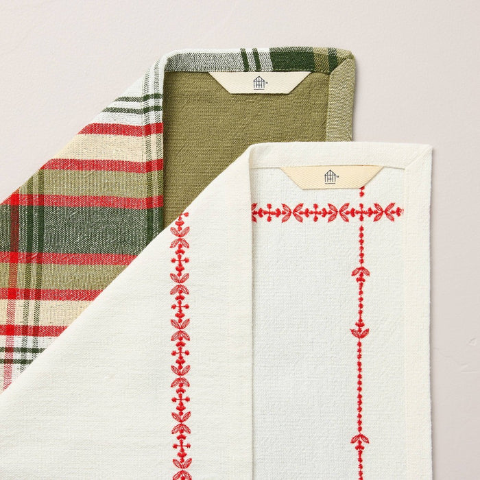 2ct Embroidered Border & Plaid Christmas Kitchen Towels Red/Cream/Green - Hearth & Hand with Magnolia