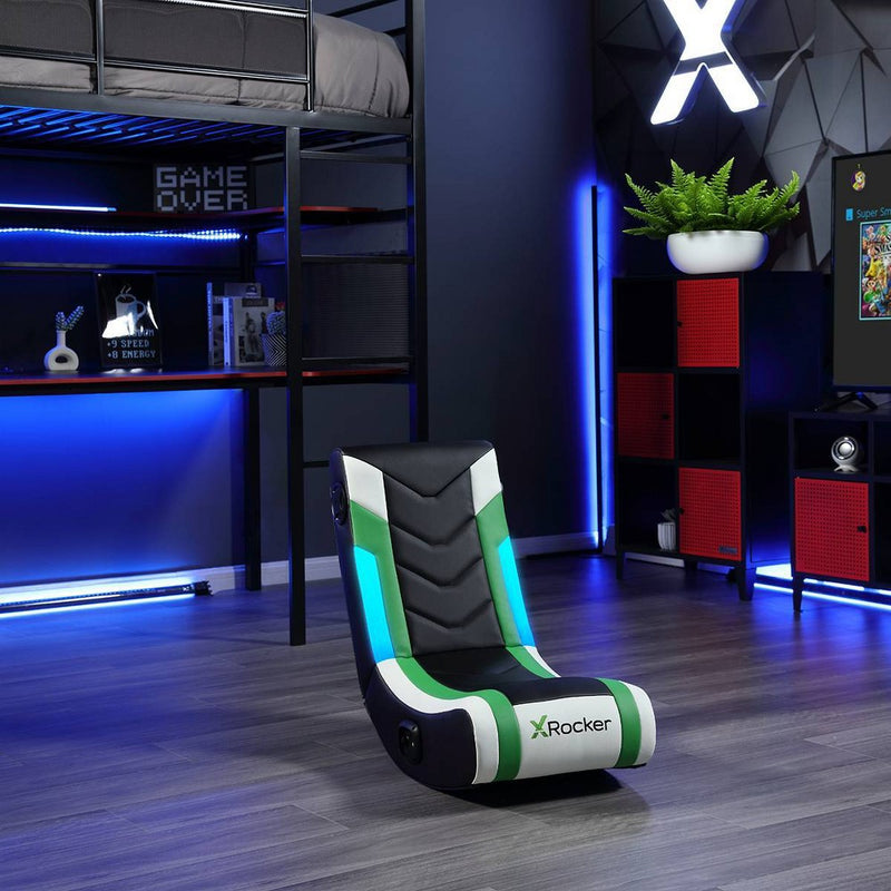 X Rocker Horizon RGB Lighting 2.0 Wired Floor Rocker Gaming Chair Green/Black/White (LOCAL PICKUP ONLY)