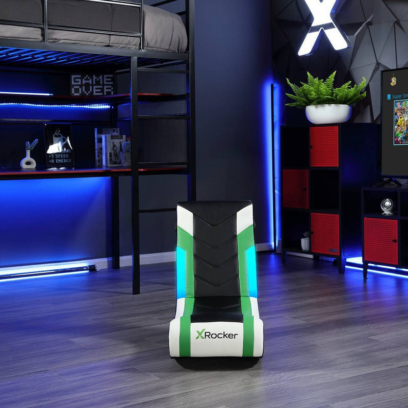 X Rocker Horizon RGB Lighting 2.0 Wired Floor Rocker Gaming Chair Green/Black/White (LOCAL PICKUP ONLY)