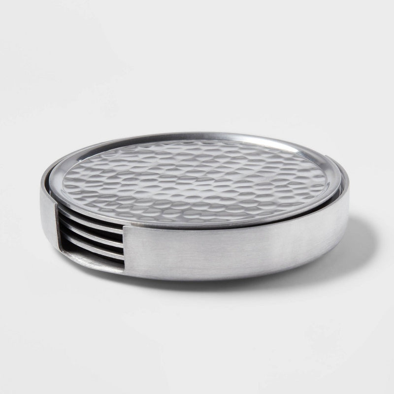 4pk Metal Coasters with Holder Silver - Threshold