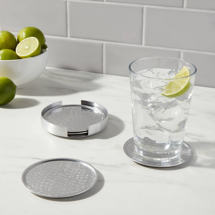 4pk Metal Coasters with Holder Silver - Threshold