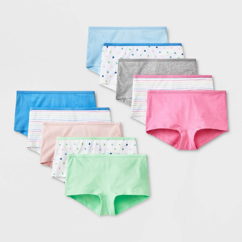Girls' 10pk Heart/Striped Cotton Boy Shorts - Cat & Jack 12