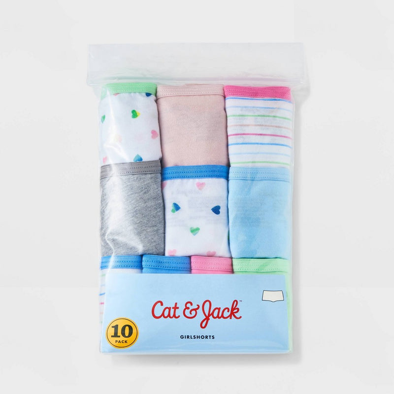 Girls' 10pk Heart/Striped Cotton Boy Shorts - Cat & Jack 12