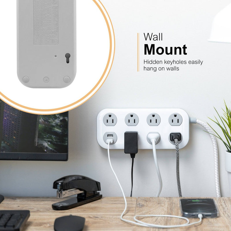 GE 7-Outlet Surge Protector with USB 1470J 2 USB-A (2.4A) 4' Braided Cord White and Gray