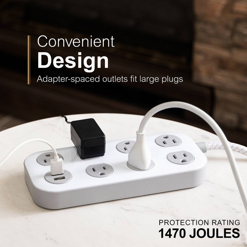 GE 7-Outlet Surge Protector with USB 1470J 2 USB-A (2.4A) 4' Braided Cord White and Gray