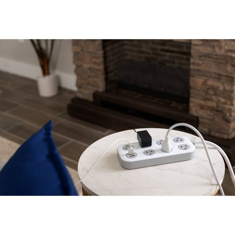 GE 7-Outlet Surge Protector with USB 1470J 2 USB-A (2.4A) 4' Braided Cord White and Gray