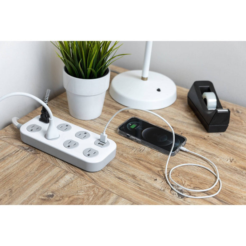GE 7-Outlet Surge Protector with USB 1470J 2 USB-A (2.4A) 4' Braided Cord White and Gray