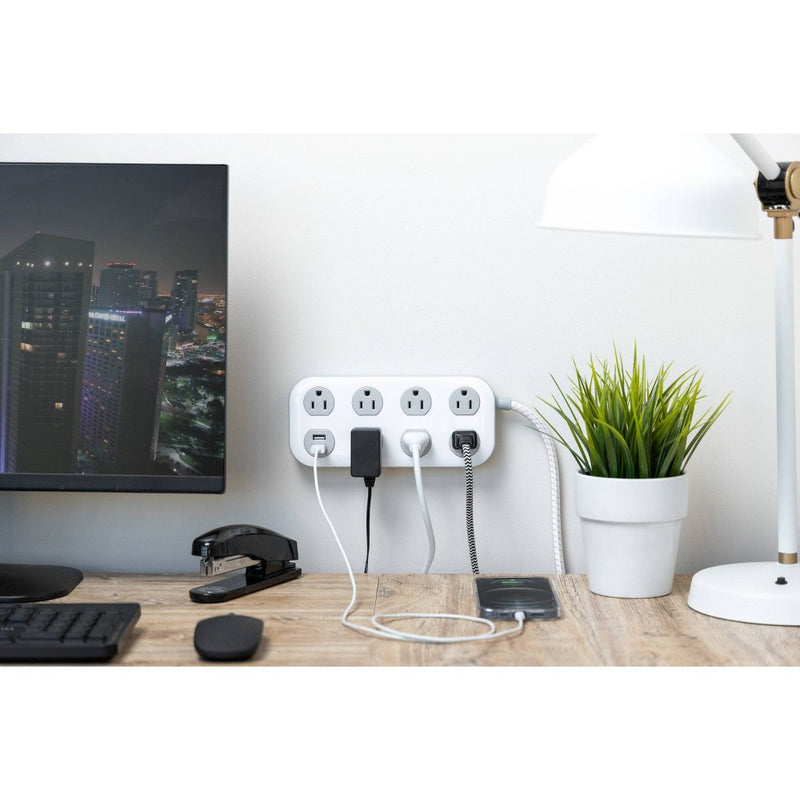 GE 7-Outlet Surge Protector with USB 1470J 2 USB-A (2.4A) 4' Braided Cord White and Gray