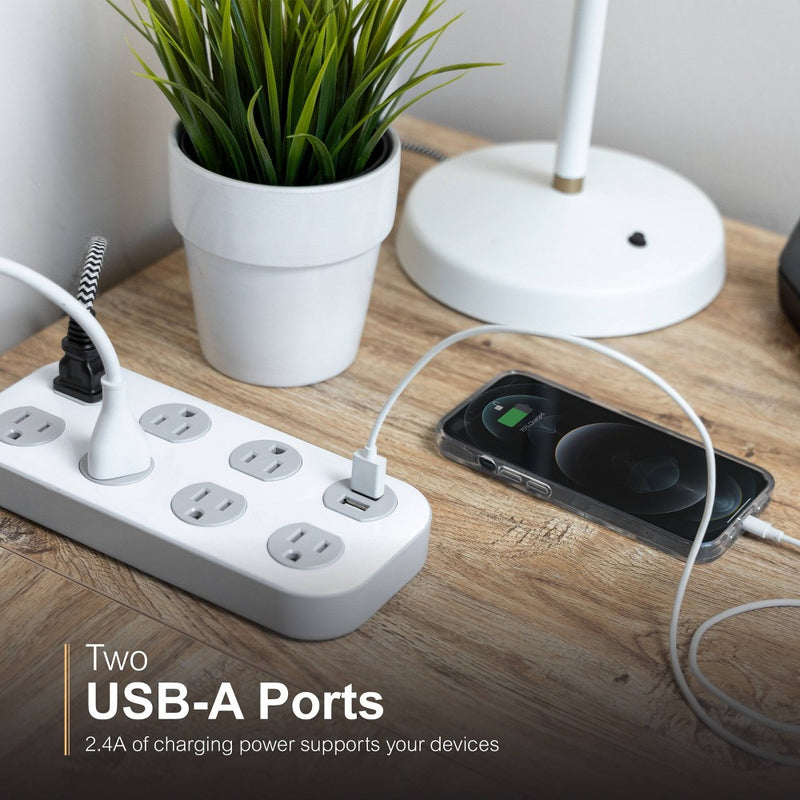 GE 7-Outlet Surge Protector with USB 1470J 2 USB-A (2.4A) 4' Braided Cord White and Gray