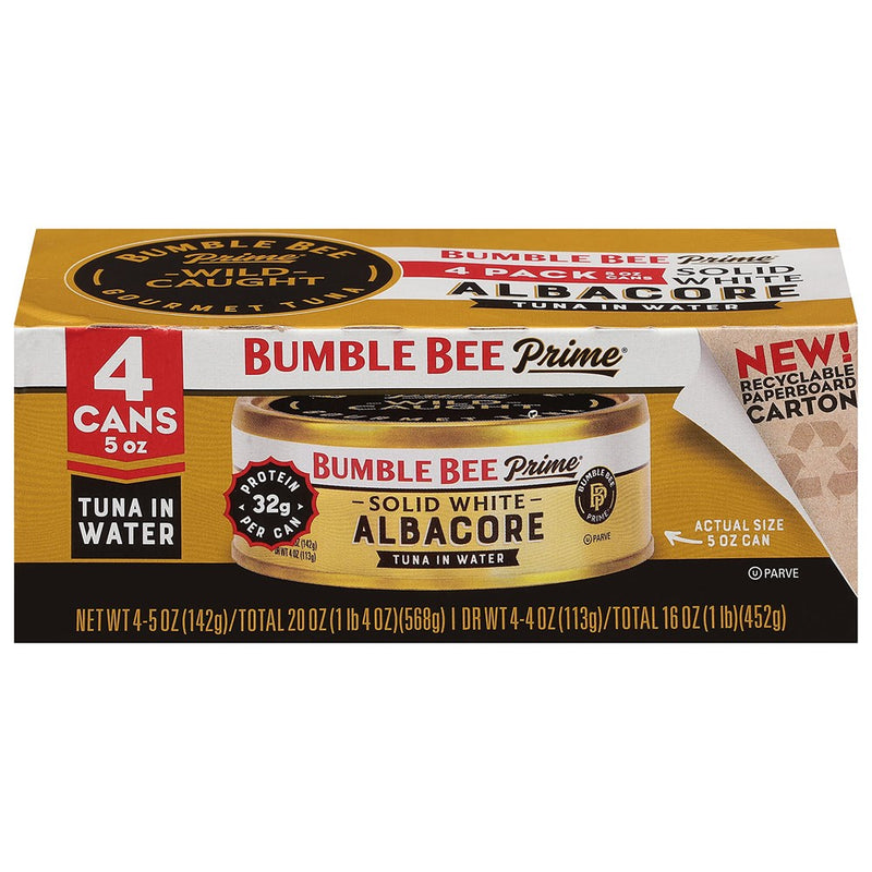 Bumble Bee Prime Solid White Albacore Tuna In Water, 5 Oz Cans (Pack Of 4) - Premium Wild Caught Tuna - 32G Protein Per Serving - Non-GMO Project Verified, Gluten Free, Kosher