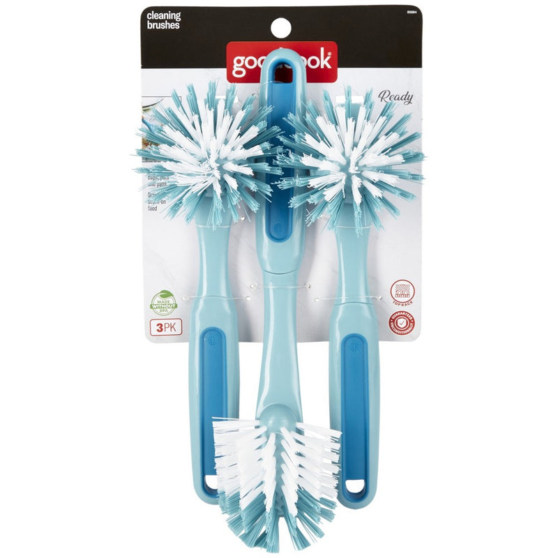GoodCook Ready 3pk Dish Brush Set: Rubber & Plastic Cleaning Tools, Blue, 11.5" Height, 5.75" Width, 2.25" Depth