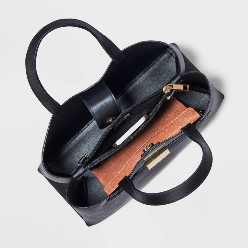 Belted Satchel Handbag - A New Day Black