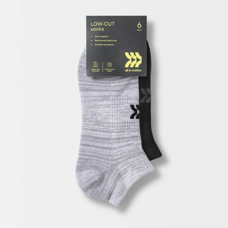 Women's Extended Size Cushioned 6pk Low Cut Athletic Socks - All In Motion Heather Gray/Black 8-12