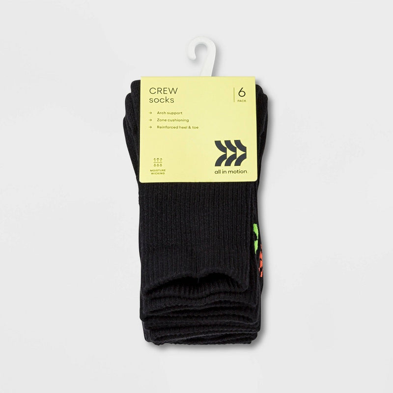 Kids' 6pk Crew Socks - All In Motion Black M