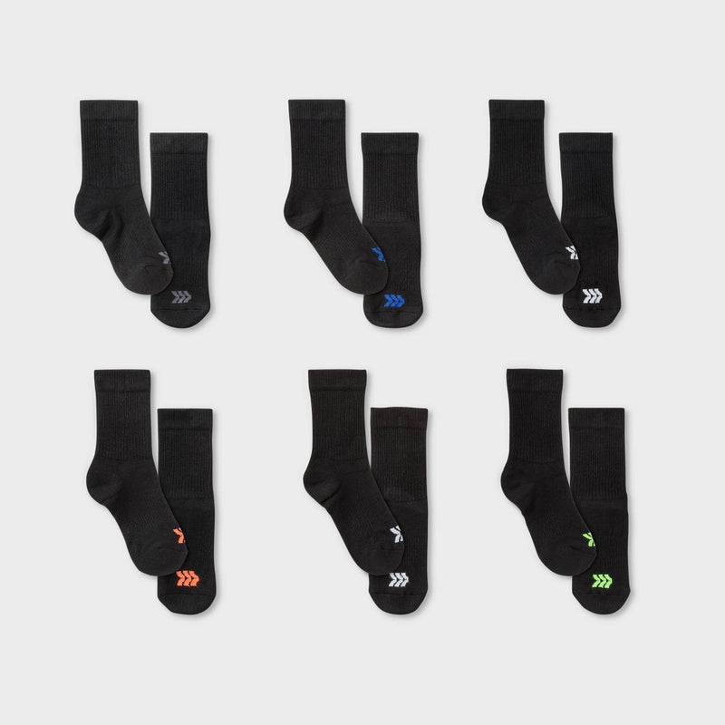 Kids' 6pk Crew Socks - All In Motion Black M