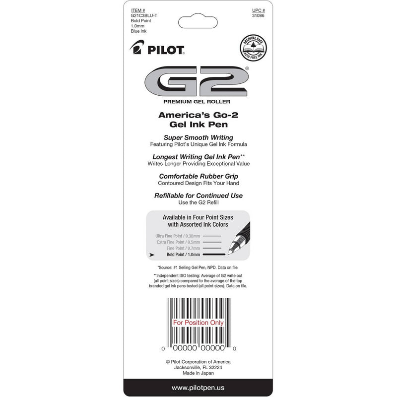 Pilot 3ct G2 Gel Pens Bold Point 1.0mm Blue Ink: Retractable, Rubber Grip, Office Stationery, Includes Gel Pens