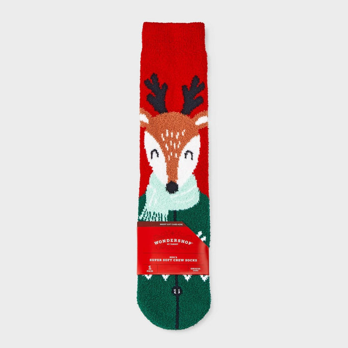 Men's Winder Reindeer Cozy Crew Socks with Gift Card Holder - Wondershop Red/Dark Green 6-12