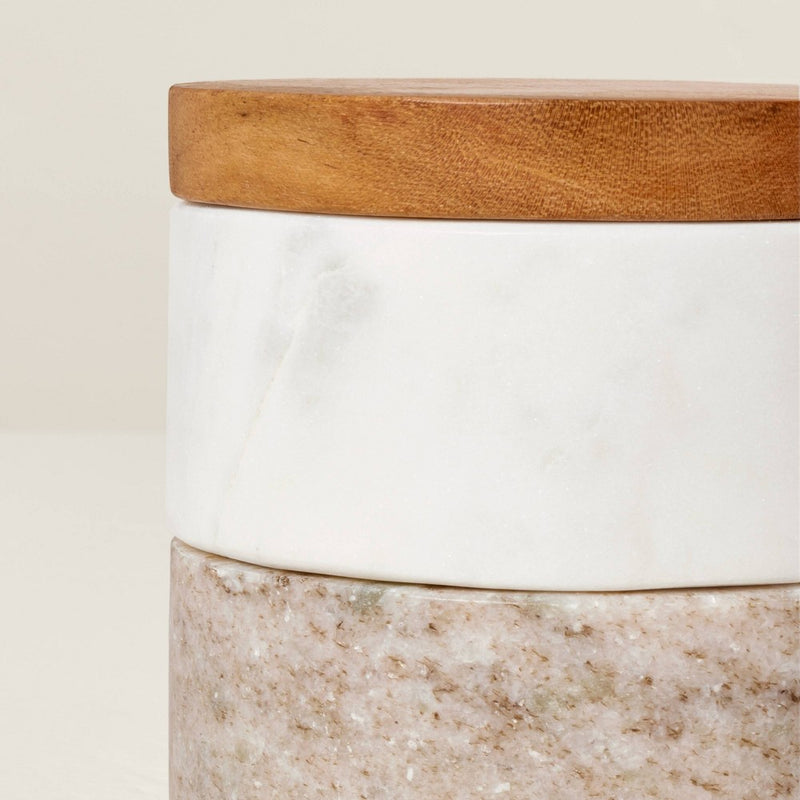 3pc Marble Stacking Salt & Pepper Cellar White/Warm Gray - Hearth & Hand with Magnolia: Acacia Lid, Farmhouse Style