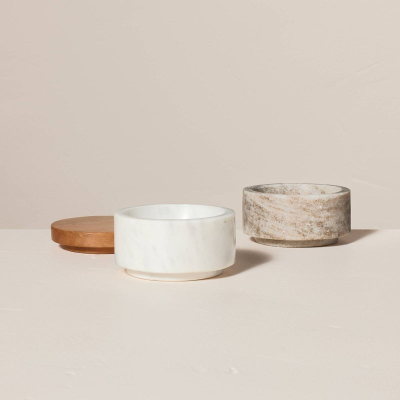 3pc Marble Stacking Salt & Pepper Cellar White/Warm Gray - Hearth & Hand with Magnolia: Acacia Lid, Farmhouse Style
