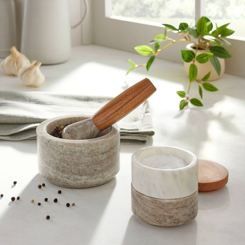 3pc Marble Stacking Salt & Pepper Cellar White/Warm Gray - Hearth & Hand with Magnolia: Acacia Lid, Farmhouse Style
