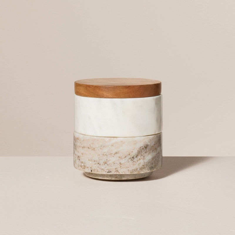 3pc Marble Stacking Salt & Pepper Cellar White/Warm Gray - Hearth & Hand with Magnolia: Acacia Lid, Farmhouse Style