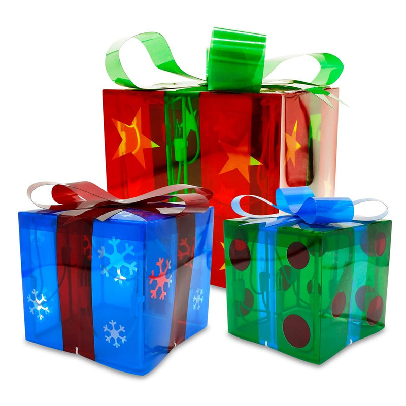 JOIEDOMI Set Of 3 Christmas Lighted Gift Boxes Christmas Decorations, Star Pre-Lit Present Boxes For Christams Tree, Yard, Home,Gift Box Decorations