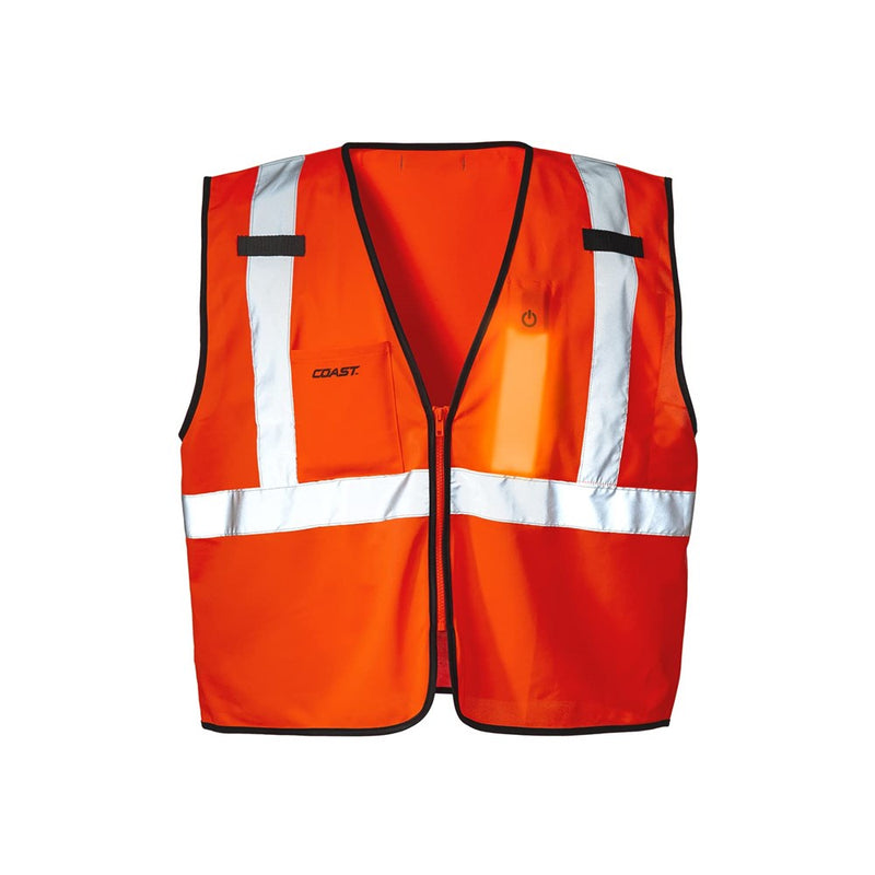 Coast SV250 Rechargeable LED Lighted High-Vis Safety Vest With Reflective Glow Strip, Dual Mode, Zip Front, 2 Pockets, 2 Mic Tabs, Meets ANSI/ISEA Class 2 Standards, Orange, 3XL