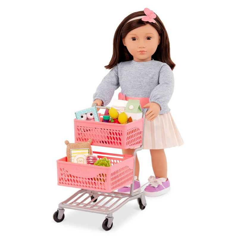 Our Generation Supermarket Play Pink Grocery Shopping Cart & Food Accessory Set for 18'' Dolls
