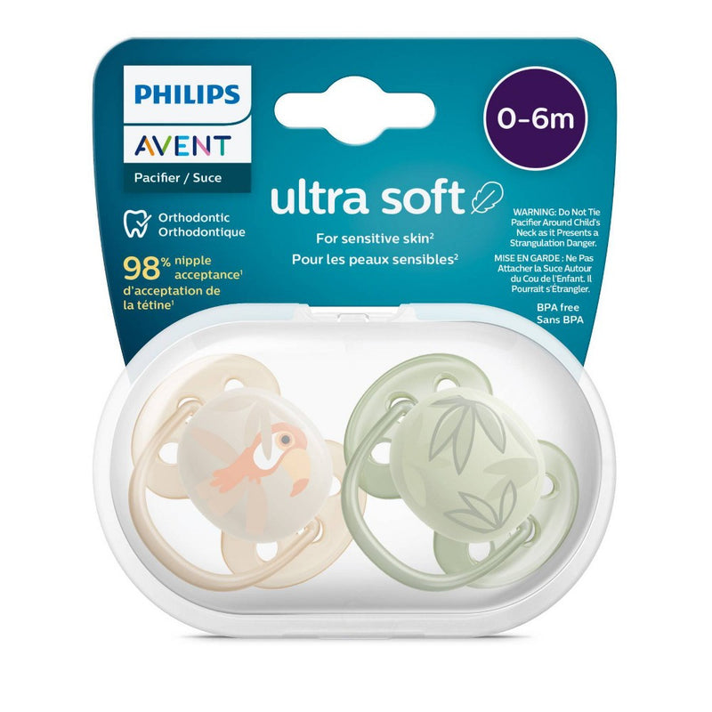 Avent Philips Ultra Soft Pacifier 0-6 Months - Toucan/Green Leaves - 4pk