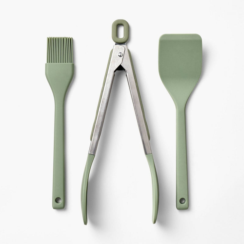 3pc Silicone Mini Turner Basting Brush and Tongs Set Sage Green - Figmint: Kitchen Gadgets, Dishwasher-Safe Utensils