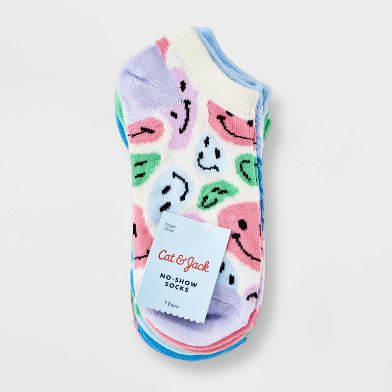 Girls' 7pk Smiley No Show Socks - Cat & Jack Cream M